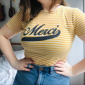 Yellow Striped “Merci” Graphic Tee
